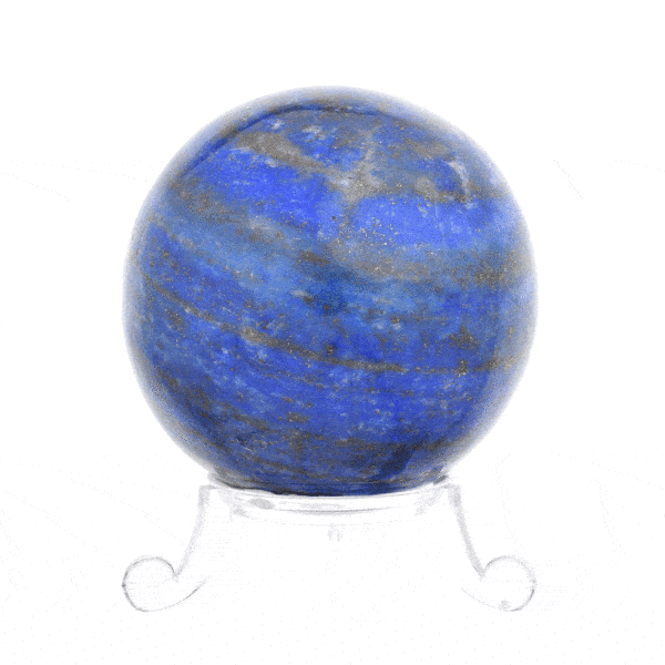 Sphere made of natural Lapis Lazuli gemstone with a diameter of 7cm, placed on a transparent base (plexiglass). Buy online shop.