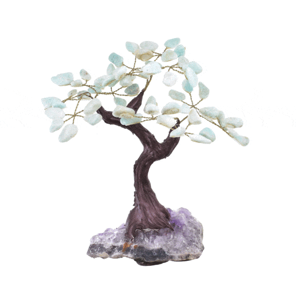 Handmade tree with polished amazonite leaves and raw amethyst base, with a height of 18cm. Buy online shop.