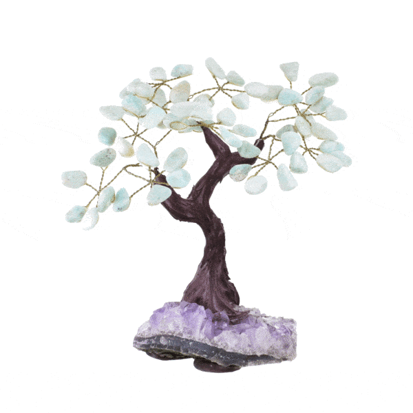 Handmade tree with polished amazonite leaves and raw amethyst base, with a height of 18cm. Buy online shop.