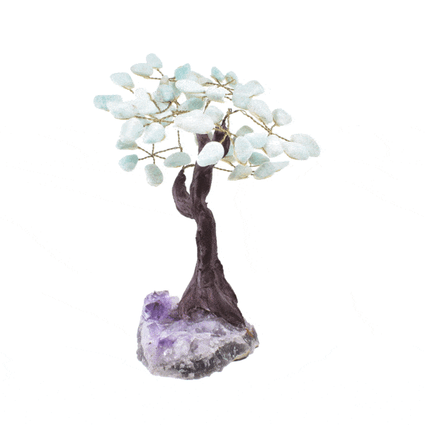 Handmade tree with polished amazonite leaves and raw amethyst base, with a height of 18cm. Buy online shop.