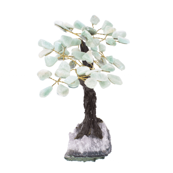 Handmade tree with natural amazonite gemstone leaves and raw amethyst gemstone base. The tree has a height of 16cm. Buy online shop.