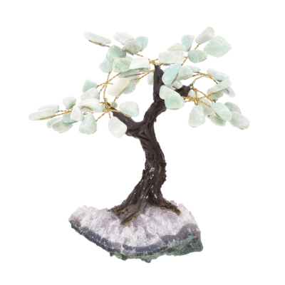 Handmade tree with natural amazonite gemstone leaves and raw amethyst gemstone base. The tree has a height of 16cm. Buy online shop.