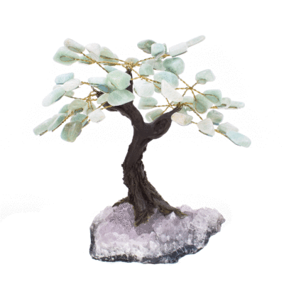 Handmade tree with natural amazonite gemstone leaves and raw amethyst gemstone base. The tree has a height of 16cm. Buy online shop.