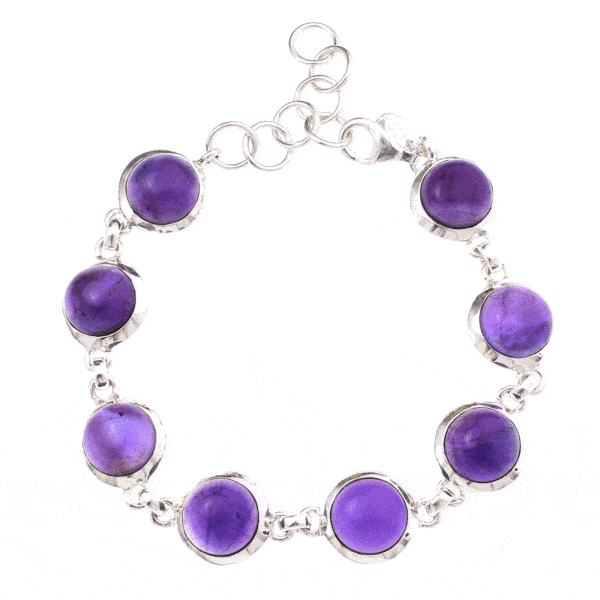 Handmade bracelet made of sterling silver and natural Amethyst gemstones in a round shape. The bracelet has adaptable lengths. The minimum length is 20cm and the maximum length is 23.5cm. Buy online shop.