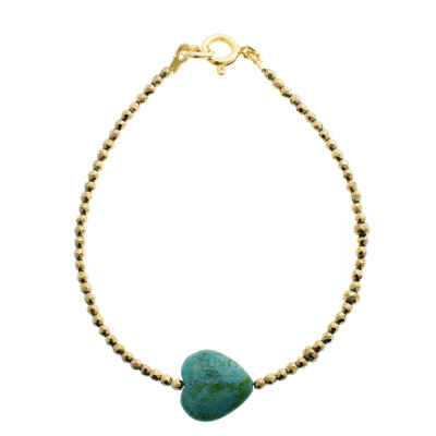 Handmade bracelet with natural Pyrite gemstones in a spherical shape and one Chrysocolla heart. Buy online shop.