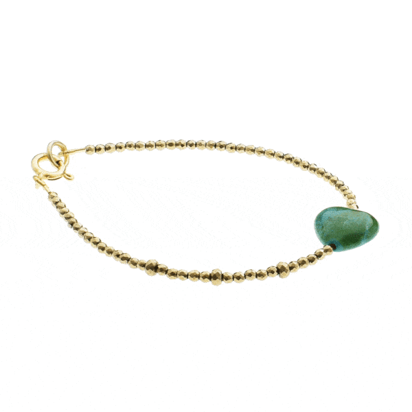 Handmade bracelet with natural Pyrite gemstones in a spherical shape and one Chrysocolla heart. Buy online shop.