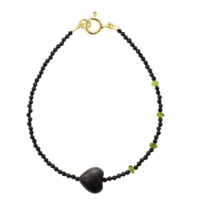 Handmade bracelet with natural black Spinel and Diopside gemstones. The bracelet has a heart made of Obsidian gemstone and gold plated sterling silver clasp. Buy online shop.