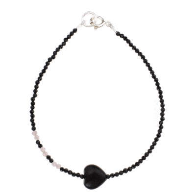 Handmade bracelet with natural black Spinel and rose Quartz gemstones. The bracelet has a heart made of Obsidian gemstone and sterling silver clasp. Buy online shop.