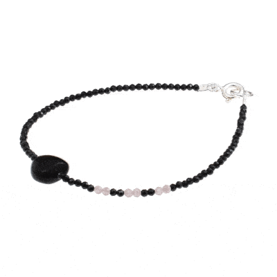 Handmade bracelet with natural black Spinel and rose Quartz gemstones. The bracelet has a heart made of Obsidian gemstone and sterling silver clasp. Buy online shop.