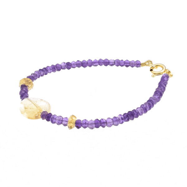 Handmade bracelet with natural Citrine Quartz and Amethyst gemstones, one Citrine quartz stone in a heart shape and gold plated sterling silver clasp. Buy online shop.