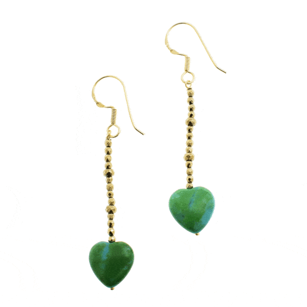 Handmade earrings with natural Pyrite gemstones and one Chrysocolla heart. Buy online shop.