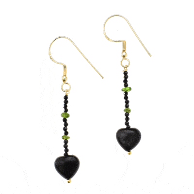 Handmade earrings made of gold plated sterling silver and natural black Spinel and Diopside gemstones. Both earrings have a heart made of Obsidian gemstone at their end-point. Buy online shop.