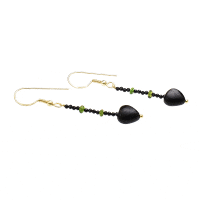 Handmade earrings made of gold plated sterling silver and natural black Spinel and Diopside gemstones. Both earrings have a heart made of Obsidian gemstone at their end-point. Buy online shop.