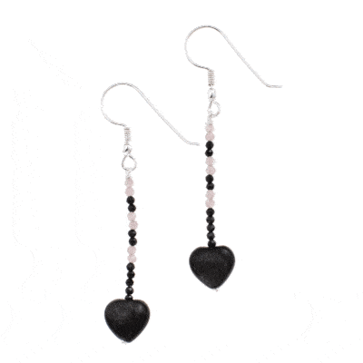 Handmade earrings made of  sterling silver and natural black Spinel and rose Quartz gemstones. Both earrings have a heart made of Obsidian gemstone at their end-point. Buy online shop.