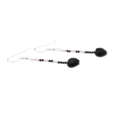 Handmade earrings made of sterling silver and natural black Spinel and rose Quartz gemstones. Both earrings have a heart made of Obsidian gemstone at their end-point. Buy online shop.