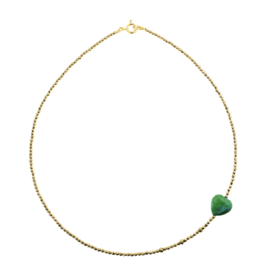 Necklace with natural Pyrite gemstones in a spherical shape and one Chrysocolla heart. Buy online shop.