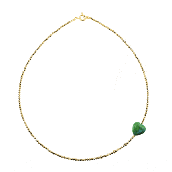 Necklace with natural Pyrite gemstones in a spherical shape and one Chrysocolla heart. Buy online shop.