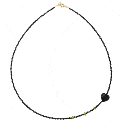 Handmade necklace with natural black Spinel and Diopside gemstones. The necklace has a heart made of Obsidian gemstone and gold plated sterling silver clasp. Buy online shop.
