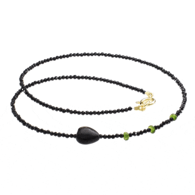 Handmade necklace with natural black Spinel and Diopside gemstones. The necklace has a heart made of Obsidian gemstone and gold plated sterling silver clasp. Buy online shop.