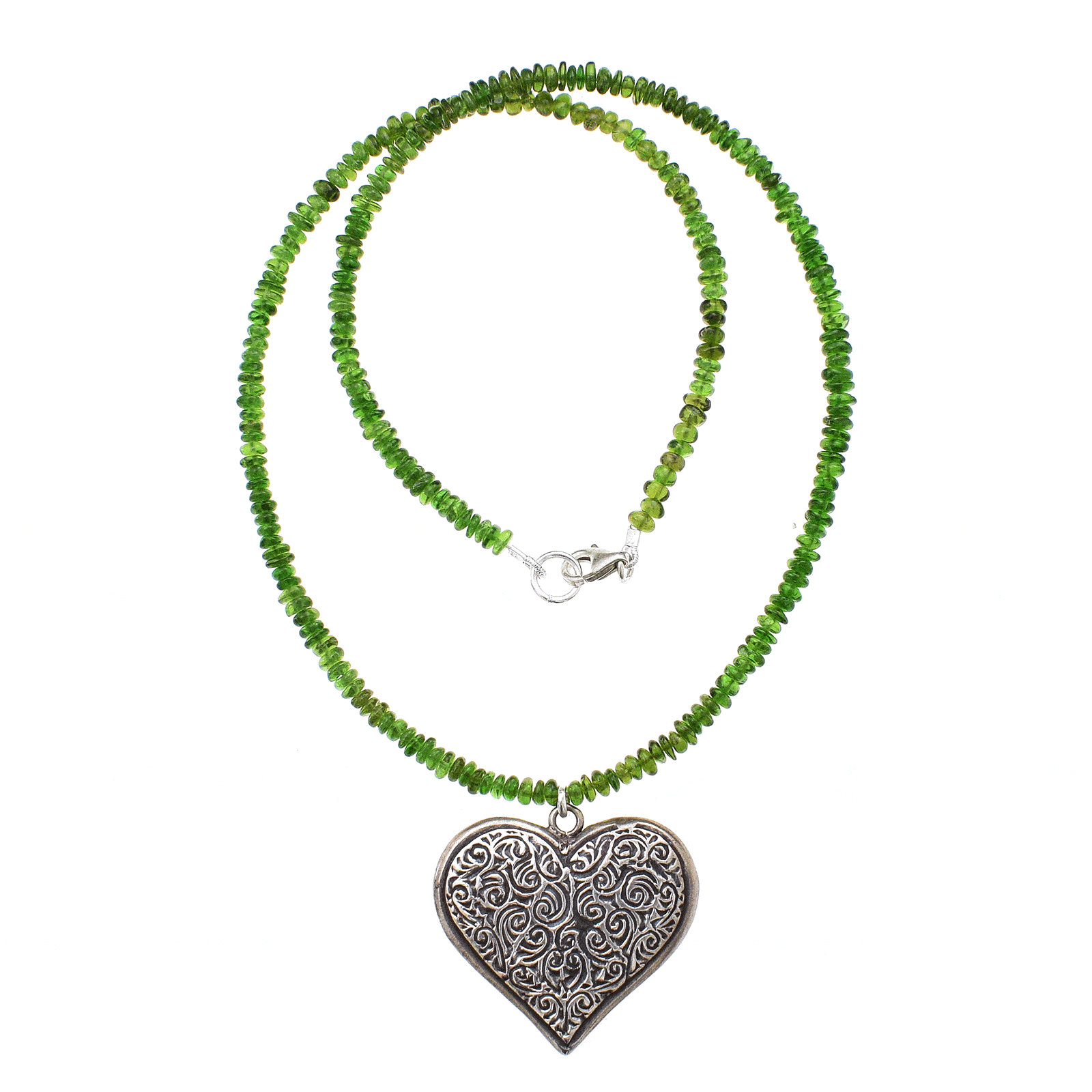Handmade necklace with natural Diopside gemstones and sterling silver pendant in a heart shape with embossed designs. Buy online shop.