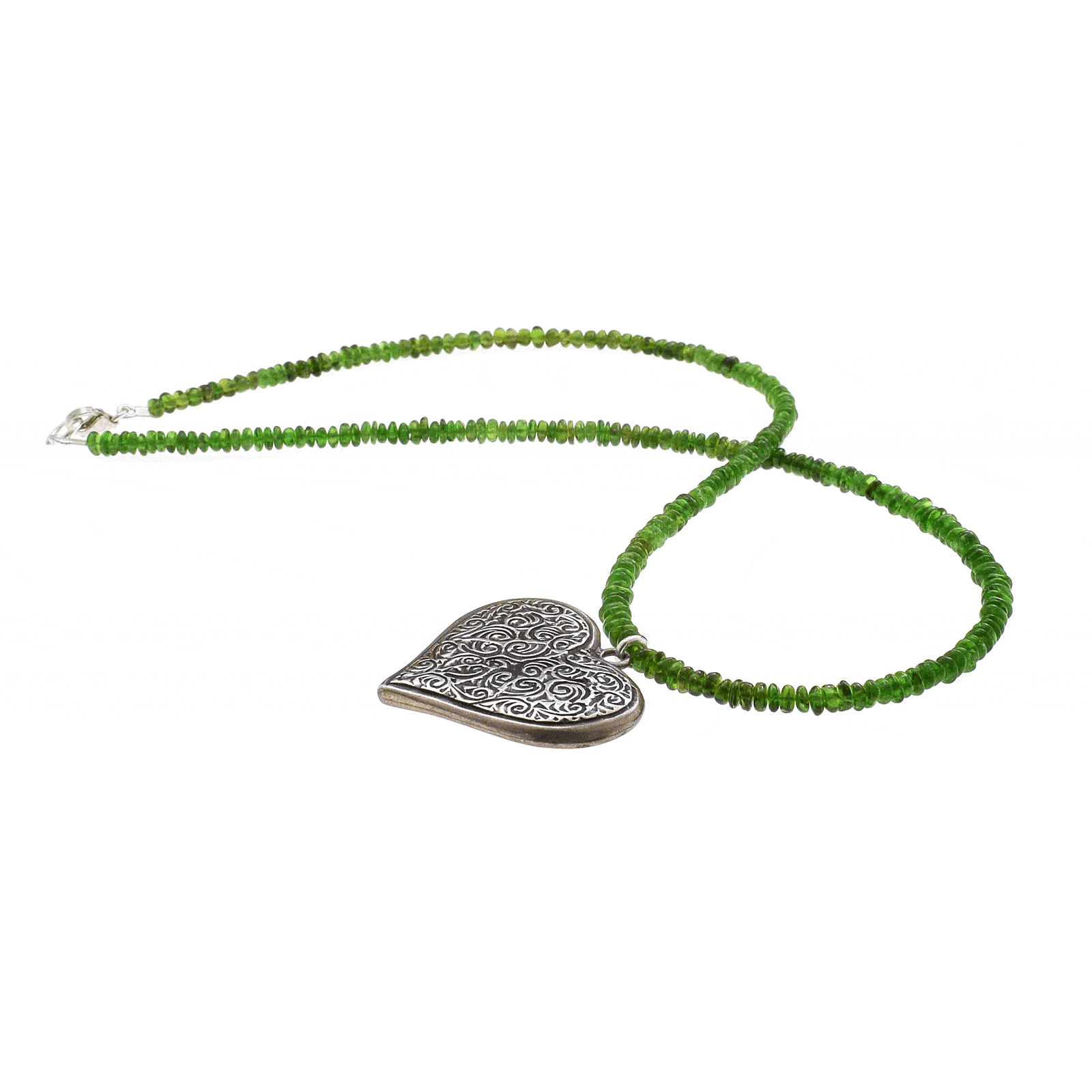 Handmade necklace with natural Diopside gemstones and sterling silver pendant in a heart shape with embossed designs. Buy online shop.