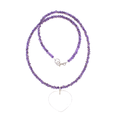 Handmade necklace with natural Amethyst gemstones, one Crystal quartz pendant in a heart shape and sterling silver clasp. Buy online shop.