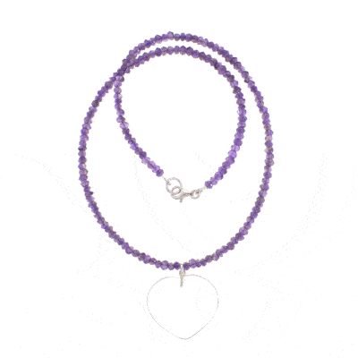 Handmade necklace with natural Amethyst gemstones, one Crystal quartz pendant in a heart shape and sterling silver clasp. Buy online shop.