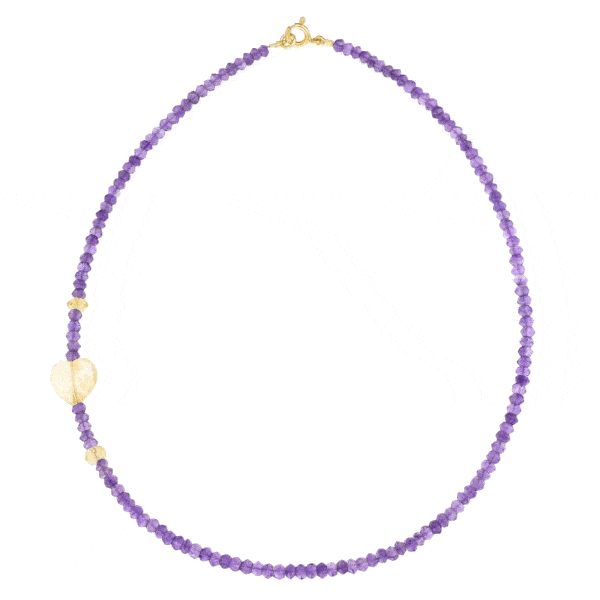 Handmade necklace with natural Citrine Quartz and Amethyst gemstones, one Citrine stone in a heart shape and gold plated sterling silver clasp. Buy online shop.