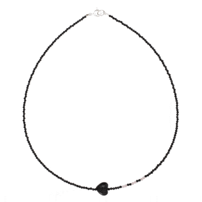 Handmade necklace with natural black Spinel and rose quartz gemstones. The necklace has a heart made of Obsidian gemstone and sterling silver clasp. Buy online shop.