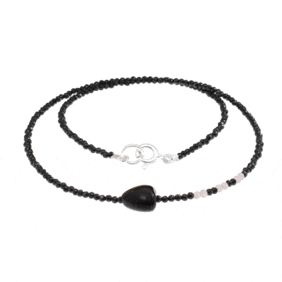 Handmade necklace with natural black Spinel and rose quartz gemstones. The necklace has a heart made of Obsidian gemstone and sterling silver clasp. Buy online shop.