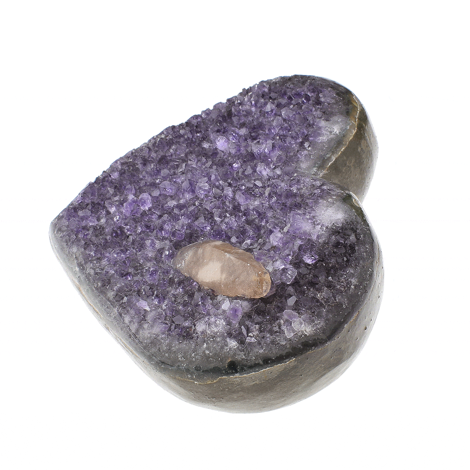 Natural Amethyst gemstone, carved in a heart shape, with a size of 10cm. On Amethyst crystals there is crystalline Calsite. Buy online shop.