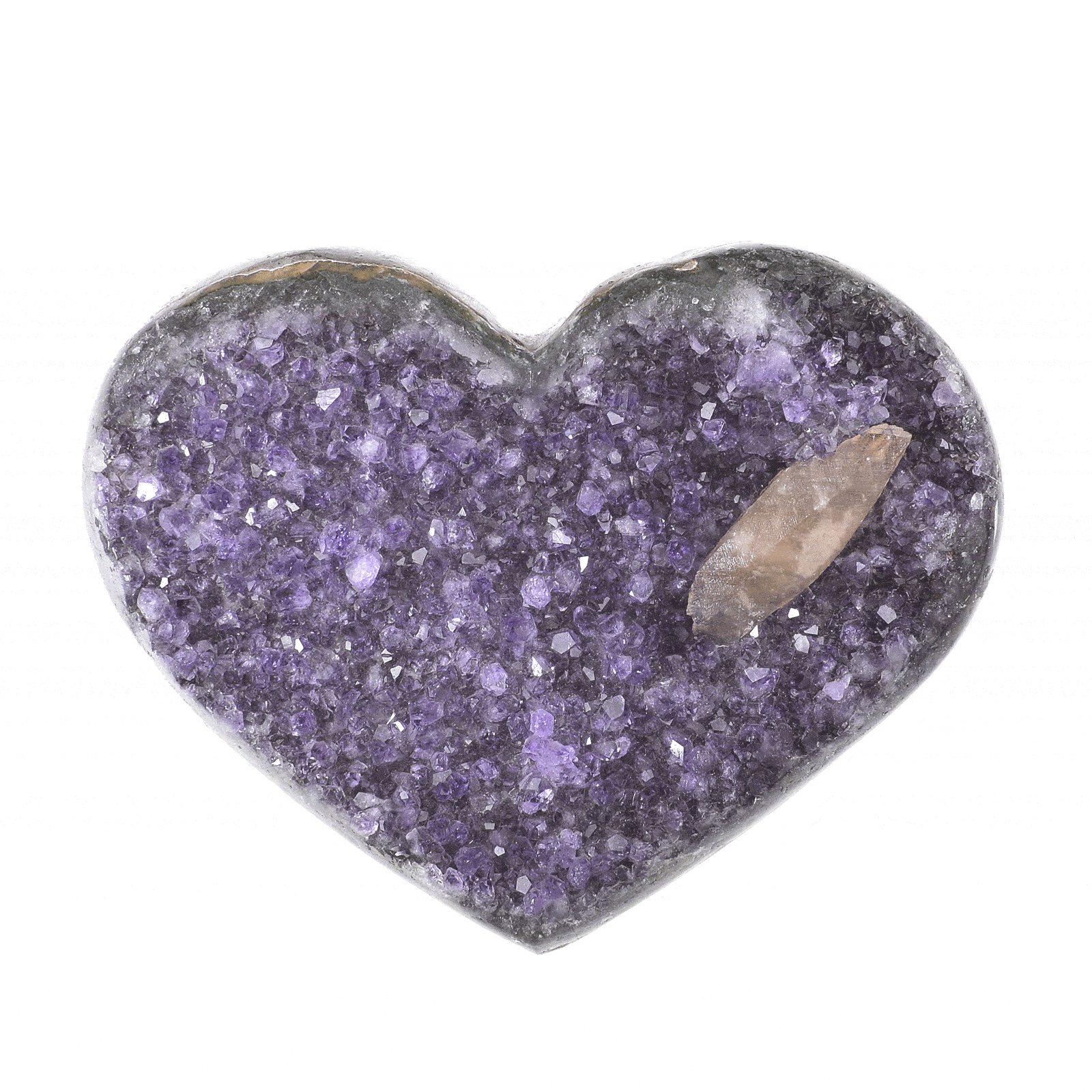 Natural Amethyst gemstone, carved in a heart shape, with a size of 10cm. On Amethyst crystals there is crystalline Calsite. Buy online shop.