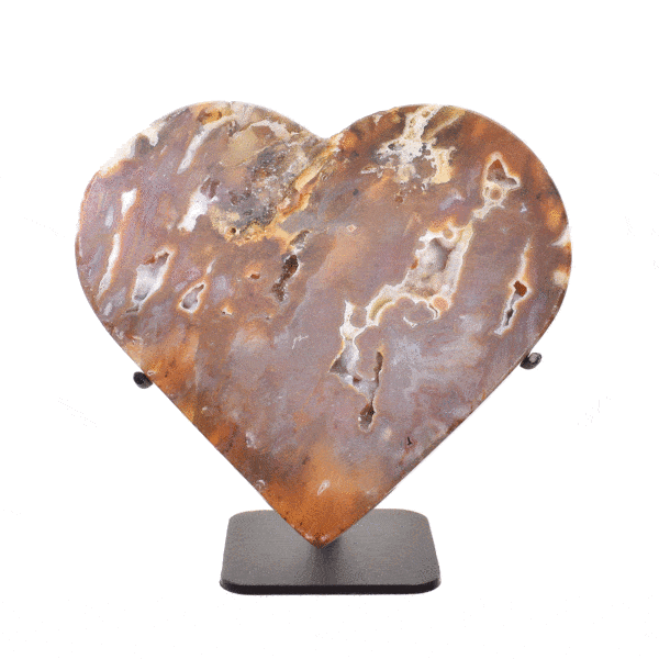 Heart made of natural Agate gemstone with crystal quartz, placed on a black metallic base. The product has a height of 10.5cm. Buy online shop.