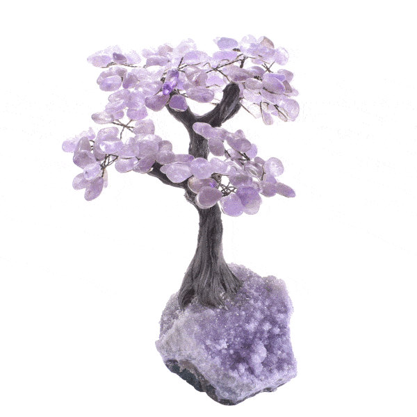 Handmade tree with polished amethyst leaves and raw amethyst base, with a height of 32cm. Buy online shop.