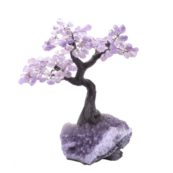 Handmade tree with polished amethyst leaves and raw amethyst base, with a height of 32cm. Buy online shop.