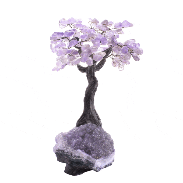 Handmade tree with polished amethyst leaves and raw amethyst base, with a height of 32cm. Buy online shop.