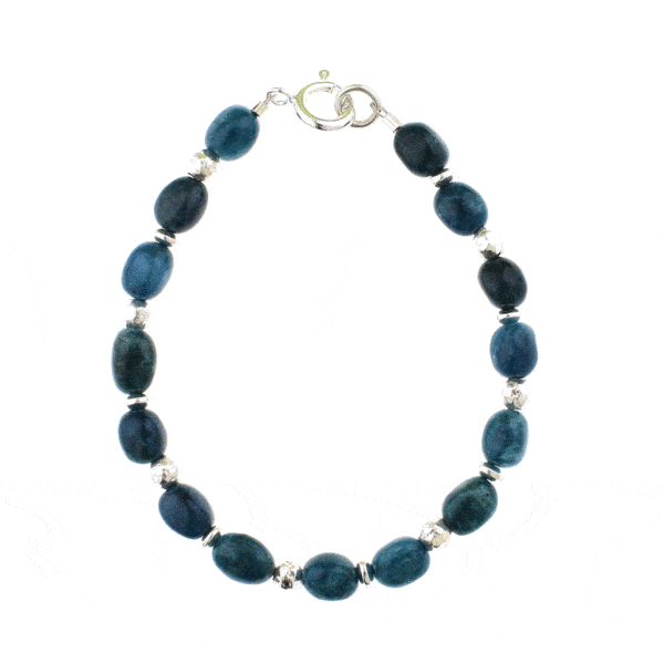 Handmade bracelet with natural apatite and hematite gemstones. The bracelet has decorative elements and clasp made of sterling silver. Buy online shop.