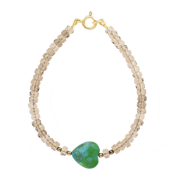 Handmade bracelet with natural Smoky Quartz gemstones, one Chrysocolla stone in a heart shape, decorative elements and clasp made of gold plated sterling silver. Buy online shop.