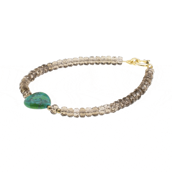 Handmade bracelet with natural Smoky Quartz gemstones, one Chrysocolla stone in a heart shape, decorative elements and clasp made of gold plated sterling silver. Buy online shop.