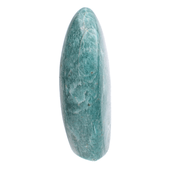 Γυαλισμένο κομμάτι φυσικής πέτρας Αμαζονίτη ωοειδούς σχήματος και ύψους 13,5cm. Αγοράστε online shop.