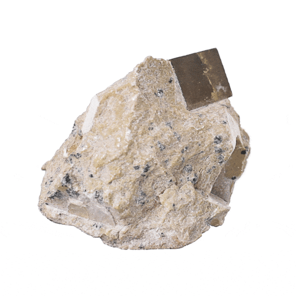 Raw piece of natural cubic pyrite gemstone on matrix, with a size of 4cm. Buy online shop.