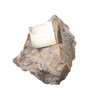 Raw piece of natural cubic pyrite gemstone on matrix, with a size of 4cm. Buy online shop.