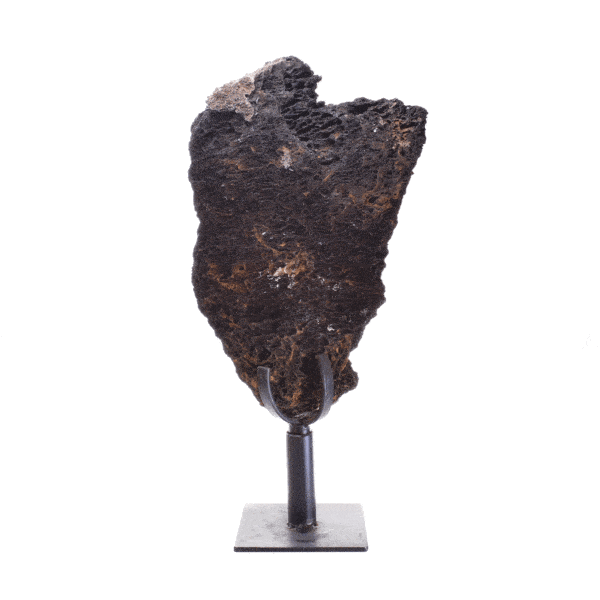 Raw piece of natural Goethite gemstone, placed on a black, metallic, rotating base.The half-upper part of the base is rotating, while the rest part remains stable. The stone on a base has 45cm height. Buy online shop.