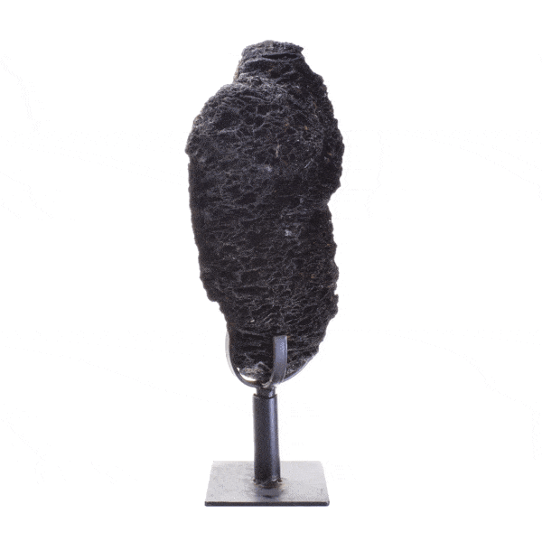 Raw piece of natural Goethite gemstone, placed on a black, metallic, rotating base.The half-upper part of the base is rotating, while the rest part remains stable. The stone on a base has 45cm height. Buy online shop.