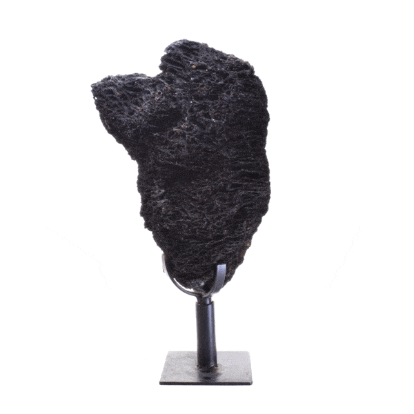 Raw piece of natural Goethite gemstone, placed on a black, metallic, rotating base.The half-upper part of the base is rotating, while the rest part remains stable. The stone on a base has 45cm height. Buy online shop.