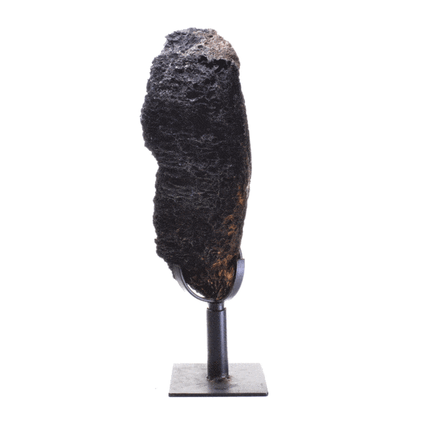 Raw piece of natural Goethite gemstone, placed on a black, metallic, rotating base.The half-upper part of the base is rotating, while the rest part remains stable. The stone on a base has 45cm height. Buy online shop.