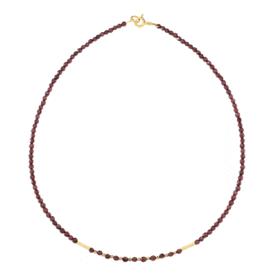 Handmade necklace with natural Garnet and Pyrite gemstones, in a spherical shape. The necklace has clasp and decorative elements made of gold plated sterling silver. Buy online shop.