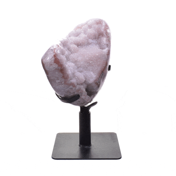 Polished natural pink amethyst geode, placed on a black rotating metallic base. The half-upper part of the base is rotating, while the rest part remains stable. The geode on a base has a height of 30cm. Buy online shop.