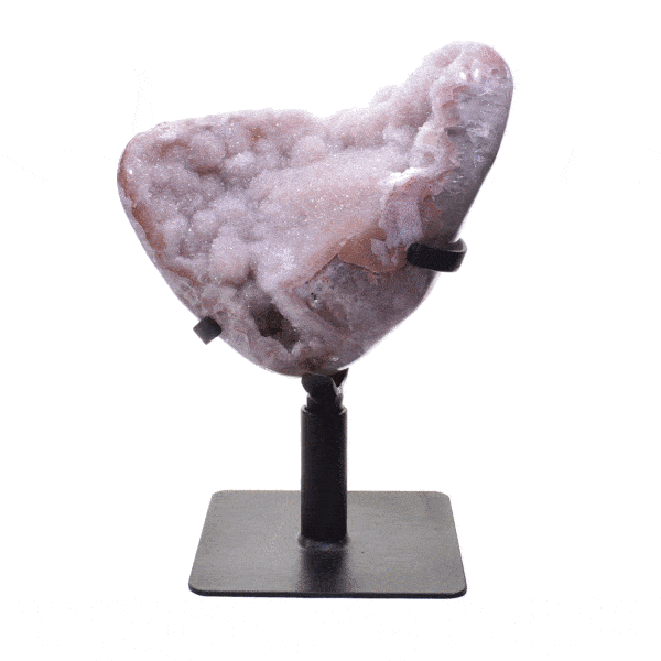 Polished natural pink amethyst geode, placed on a black rotating metallic base. The half-upper part of the base is rotating, while the rest part remains stable. The geode on a base has a height of 30cm. Buy online shop.