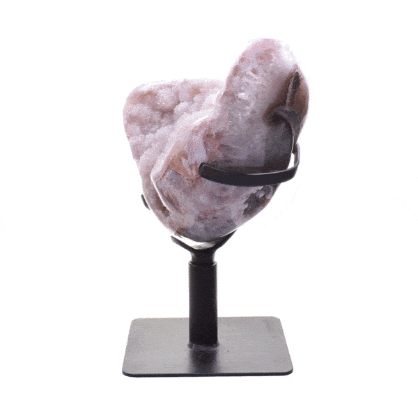 Polished natural pink amethyst geode, placed on a black rotating metallic base. The half-upper part of the base is rotating, while the rest part remains stable. The geode on a base has a height of 30cm. Buy online shop.